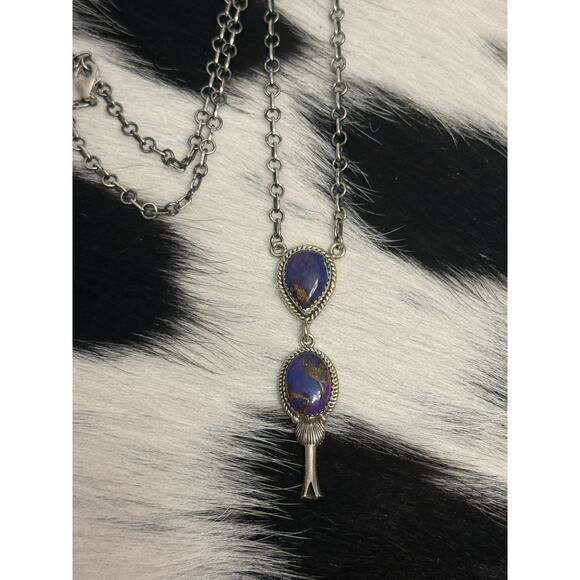 Native American Sterling Silver Purple Mojave 2 Stone Lariat Dangle Necklace - Picture 5 of 11